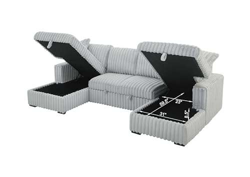 roomfitters U Shaped Sleeper Sofa, 122 Inch Oversized - 2 in 1 Pull Out Bed, Sectional Sleeper Sofa with Double Storage Chaise for Living Room, Rabbit Plush Corduroy Fabric Couch, Grey