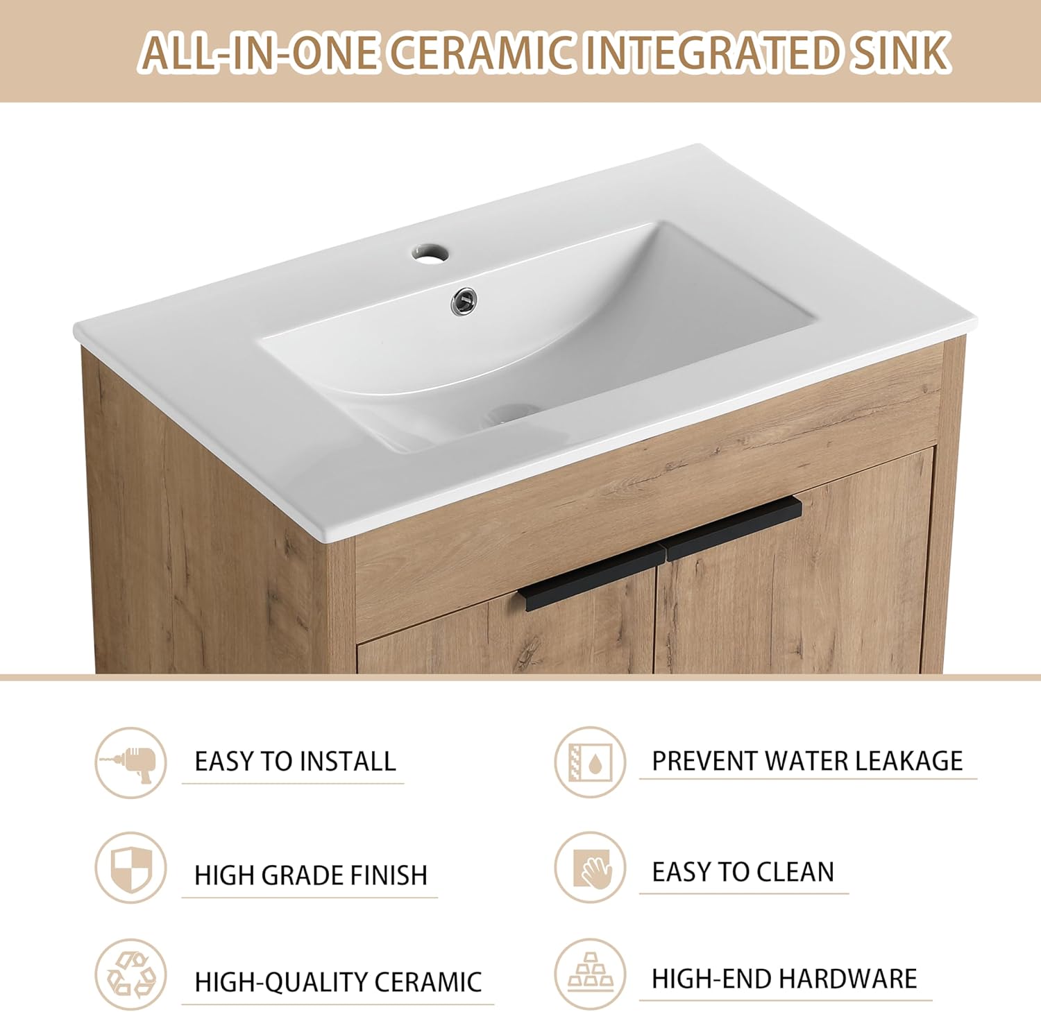 30" Bathroom Vanity with Sink, 30 Inch Freestanding Bathroom Vanity, Single Sink Bathroom Vanity Combo, Modern Bathroom Vanity, Brown Floor Standing Cabinet Set (Imo-024, 30''W x 18''D)