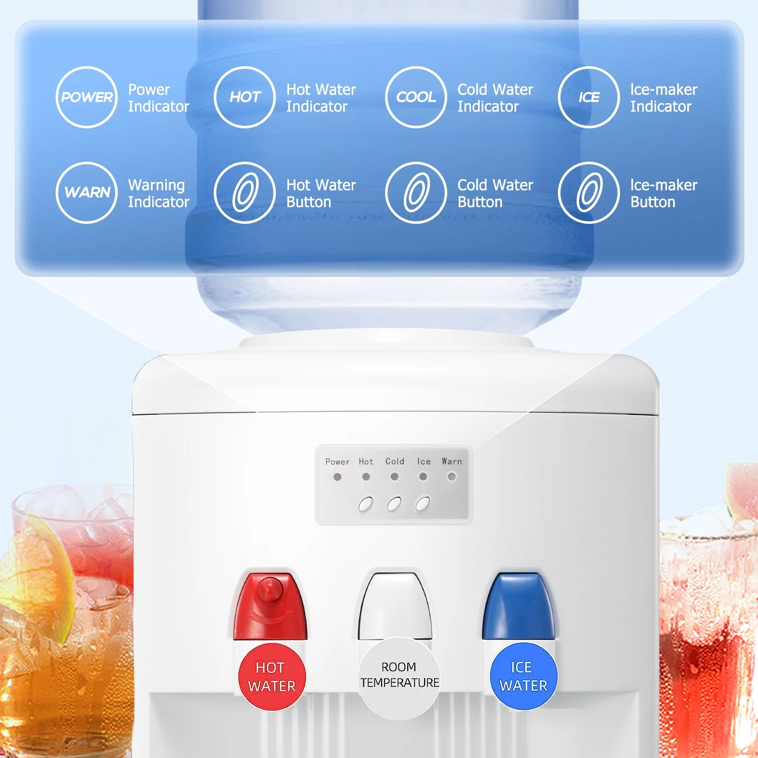 KISSAIR Water Cooler Dispenser with Built-in Ice Maker, Top Loading Water Coolers with 3 Temperature Settings - Hot, Cold & Room Temperature, 27Lbs/24H Ice Maker Machine with Child Safety Lock-White