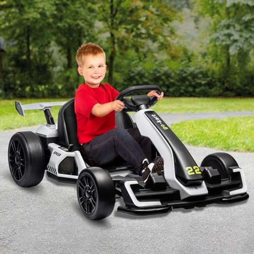 24V Electric Go Kart,300W Powerful Drift Kart for Kids, Electric Pedal Kart,with 300W Strong Motor, Drift/Sport Mode, Big Battery, Eva Tire,Length Adjustmen for Outdoor Racing Toy-White