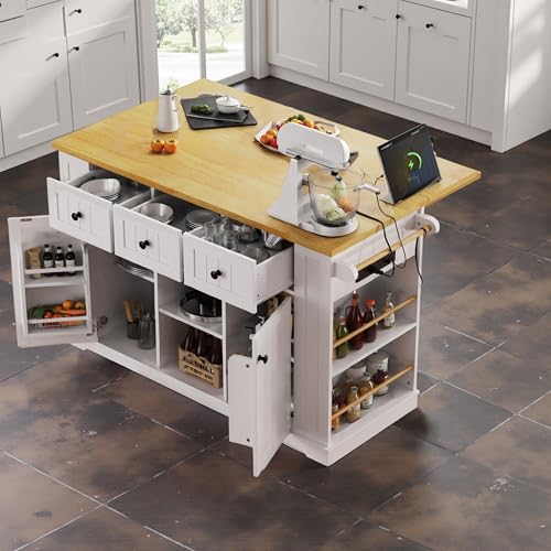 53" Rolling Large Kitchen Island Set with Power Outlet,Mobile Carts with Storage Cabinet,Extra Drop Leaf,3 Drawers and 5 Open Side Racks,Wood Table for Dining Room (Island & Stools)