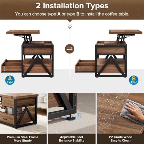 40" Lift Top Coffee Table,4 in 1 Multi-Function Lift Coffee Tables with Storage Drawers and Hidden Compartmen,Farmhouse Coffee Table with Lifting top for Living Room,Black