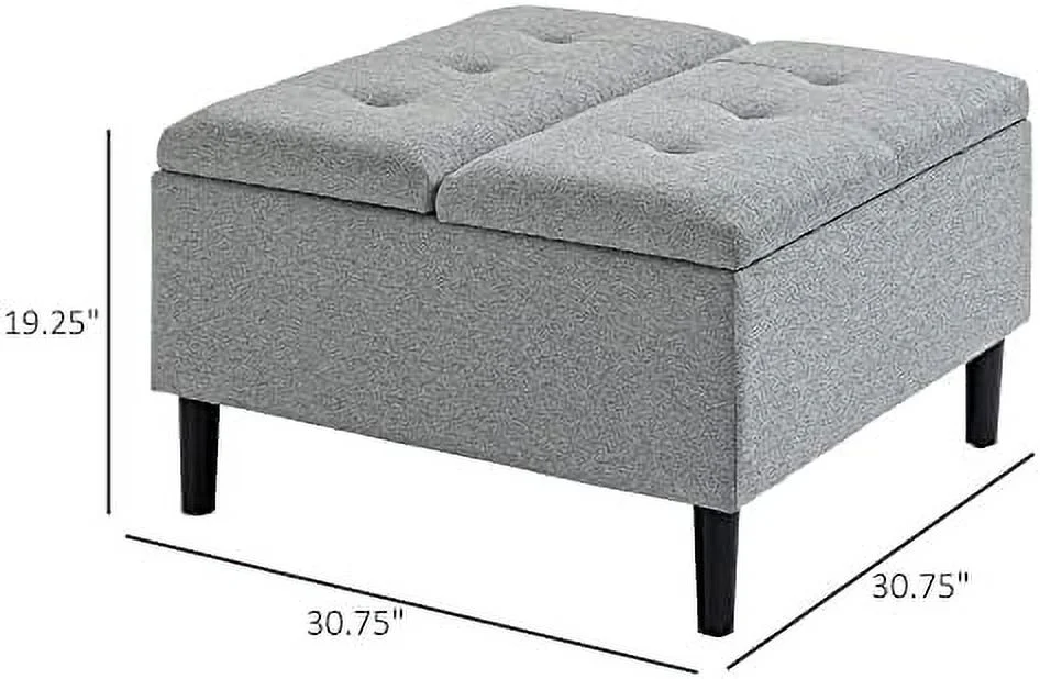 RUNFAYBIU 30" Square  Ottoman  Upholstered Ottoman Coffee Table with Lift Top  Button Tufted and Wood Legs  Accent Footstool for Living Room  Light Grey