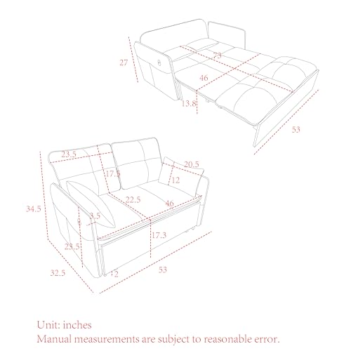 53" Convertible Sofa Bed-Velvet Pull Out Couch with Removable Armrests, 3 in 1 Loveseat Sleeper Sofa Bed, Queen Sleeper Sofa with USB Power Port, Sofa Cama Moderno with Side Pockets