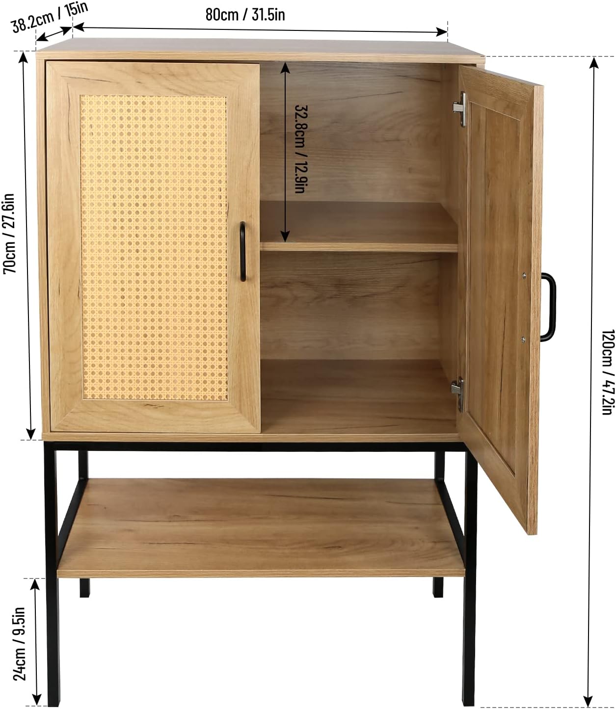 Elegant Cabinet with 2 Rattan Doors Bedroom Living Room Kitchen Cupboard Wooden Furniture with Bottom Shelf Easy Assembly Natural Color
