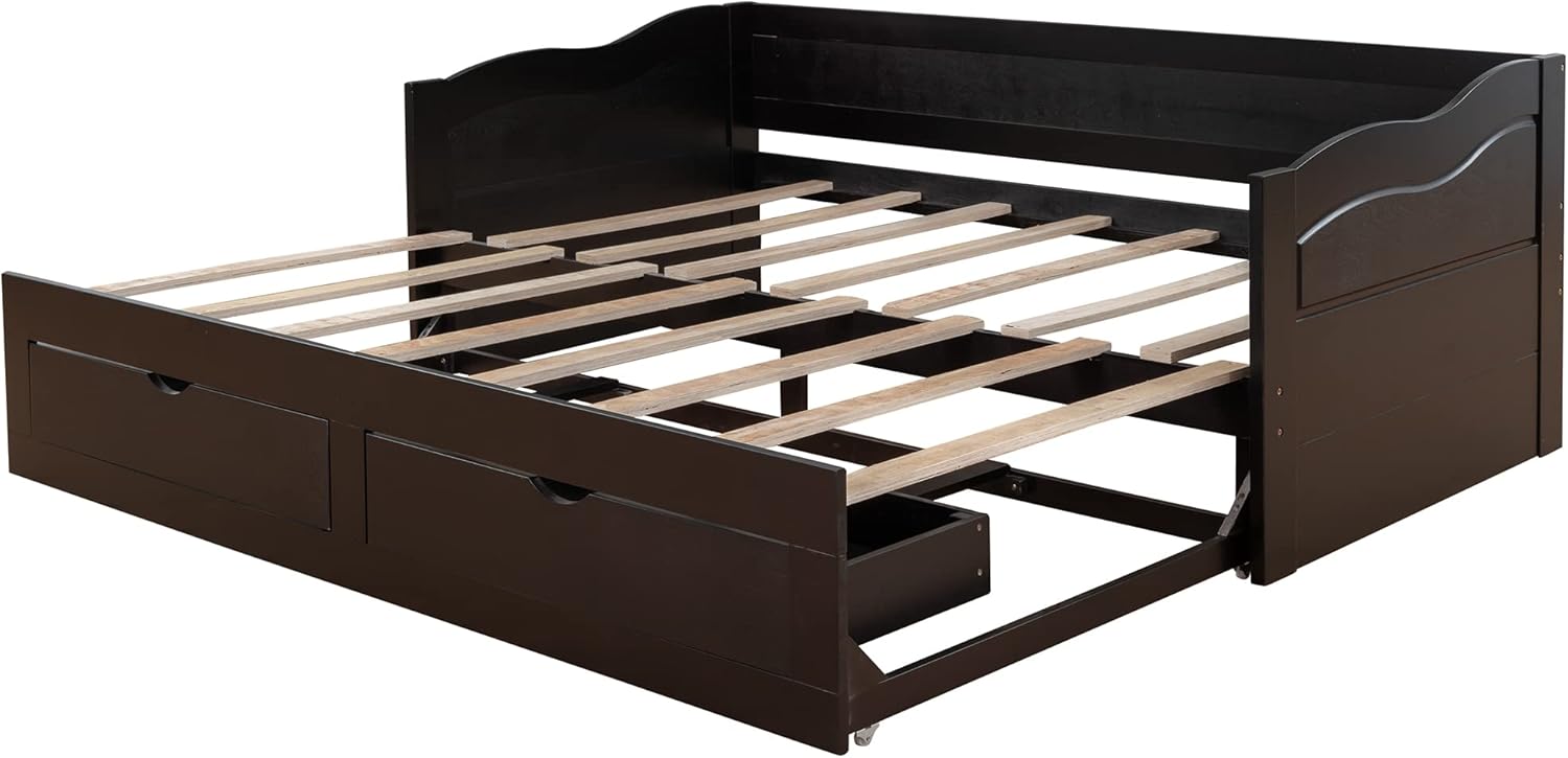 Wood Trundle, Extendable Daybed Twin to King with 2 Storage Drawers, Sofa Bed Frame for Small Space, Bedroom, Living, Guest Room, Espresso