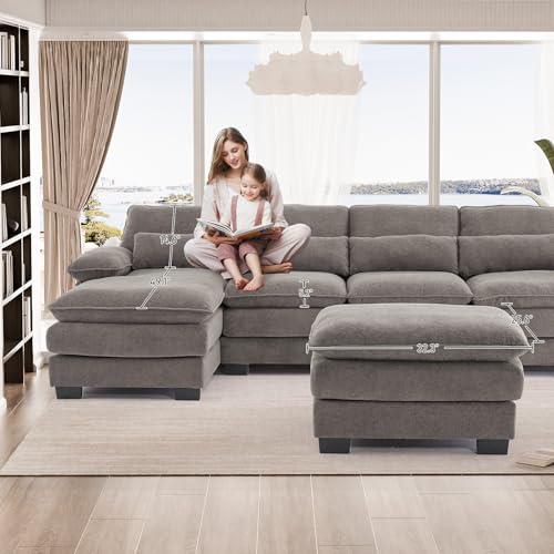 OUYESSIR 114" U Shape Sectional Sofa Cloud Couch for Living Room, Upholstery Comfy Modular Sofa, 4 Seat Chenille L-Shaped Sleeper Sofa with Chaise Lounge, Ottoman & Pillows,Beige White