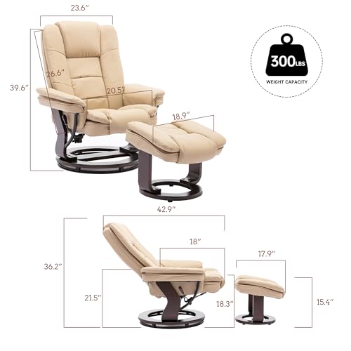 Swivel Recliner Chair with Ottoman Footrest Leather Adjustable Stressless Armchair, Beige