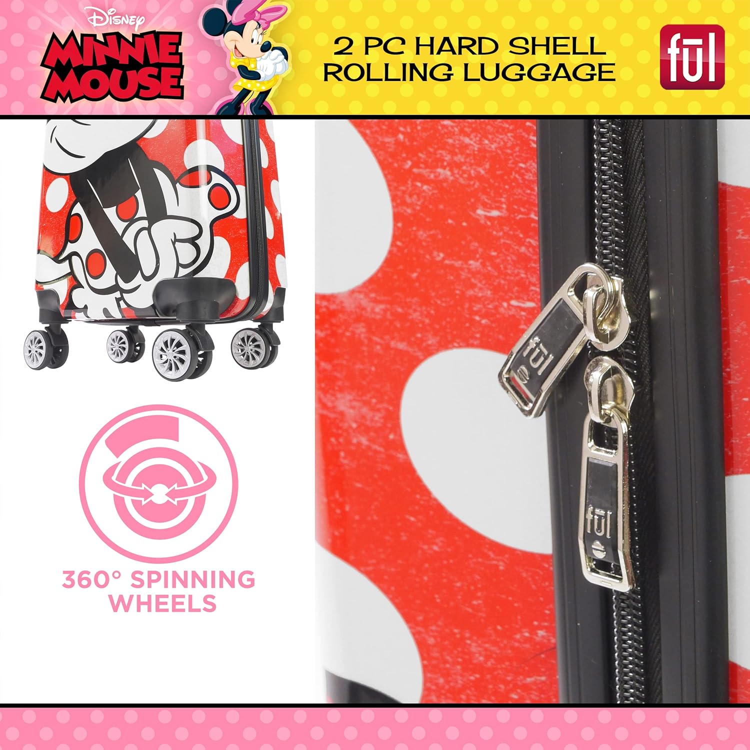 FUL Disney Minnie Mouse 2 Piece Rolling Luggage Set, Hardshell Suitcase with Wheels, Polka Dots, 20 Inch and 27 Inch, Red (FCFL0119SAMEC-600)