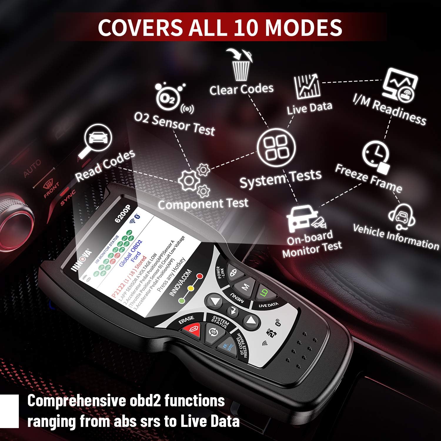 Innova 6200P All Systems OBD2 Scanner ABS SRS Transmission Code Reader with Battery Registration Oil Light Reset, Car Diagnostic Scan Tool with Battery Alternator Test/Smog Test/Live Data