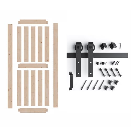 FREDBECK 48in x 80in Sliding Wood Barn Door with 8FT Barn Door Hardware Kit Included K Shape Solid Spruce Panel Sliding Door Double Surfaces Need to Assembly