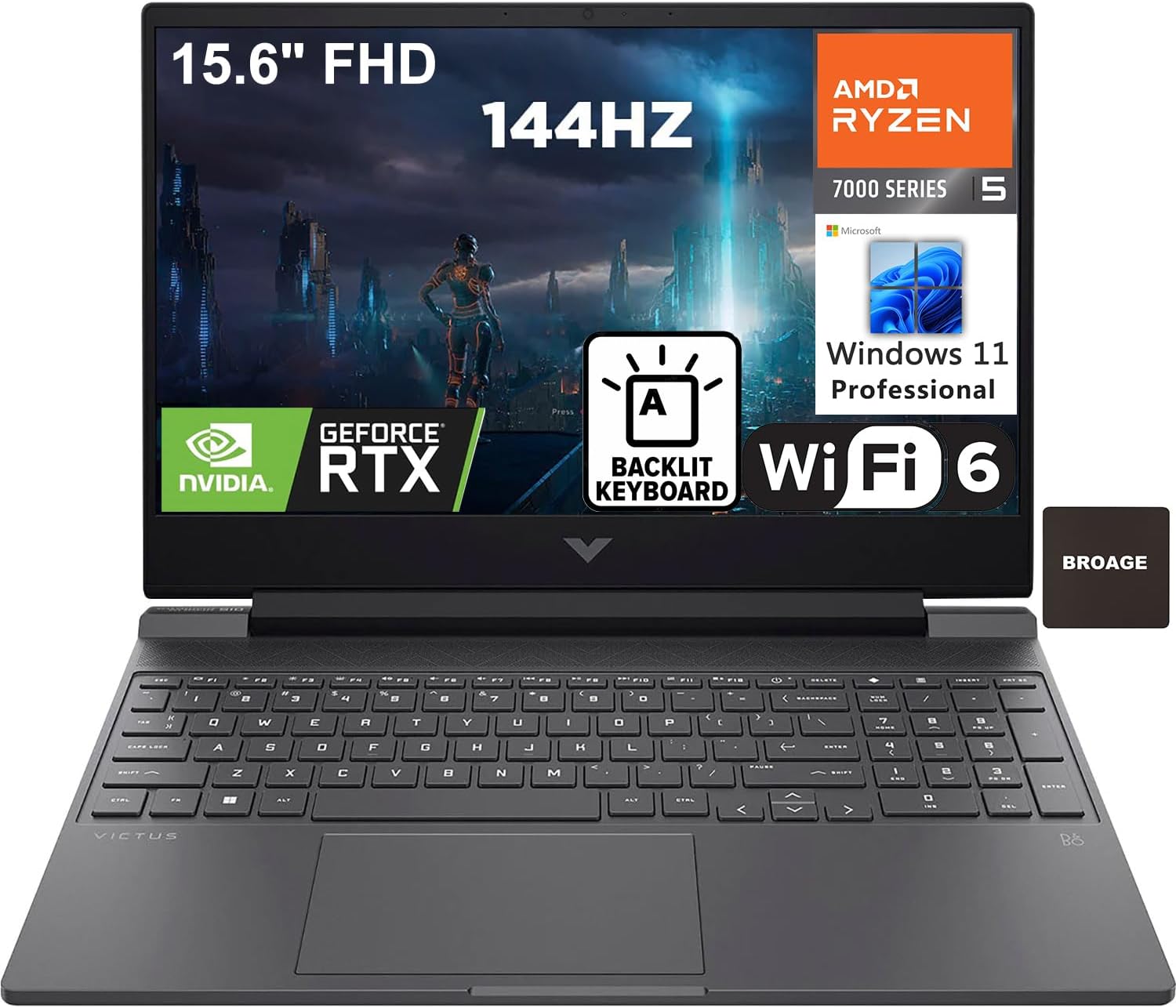 HP Victus 15.6" 144Hz FHD Gaming Laptop Computer, Hexa-Core AMD Ryzen 5 7535HS (Beat i5-13420H), 16GB DDR5 RAM, 512GB PCIe SSD, GeForce RTX 2050, WiFi6, BT5.3, Backlit Keyboard, Windows 11 Pro, BROAGE