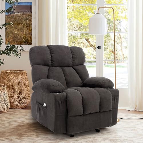Massage Rocker Recliner Chair with Heat and Vibration Ergonomic Rocking Lounge Chair for Living Room Comfy Overstuffed Recliner with 4 Side Pockets,2 Cup Holders, USB Charge Port, Grey