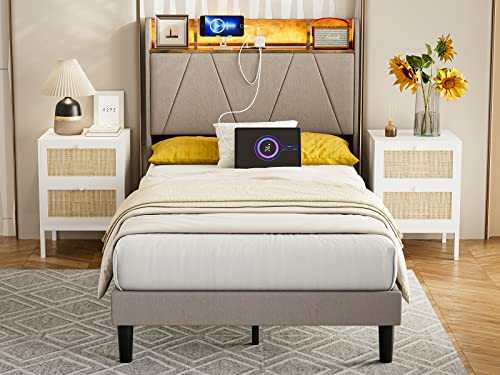 IKIFLY King Bed Frame with Charging Station & Storage Shelf Headboard - 2 Outlets and 2 USB Ports（1 Type C）- Upholstered LED Bed Frame with Solid Wood Slats, No Box Spring Needed - Light Brown