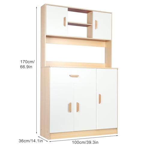 Multi-Function Kitchen Pantry Storage Cabinet, Freestanding Hutch with Buffet Cupboard, Microwave Stand, and Utility Pantry featuring Drawers, Doors, and Shelves for Household Organization W