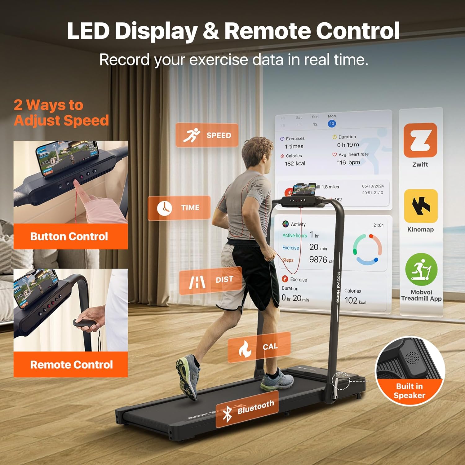 Mobvoi Home Treadmill Plus 3 in 1 Folding Treadmill Walking Pad 2.5HP Compact Under Desk Running Walking Machine for Home Office Remote Control LED Display Speaker Large Running Area 265LBS 7.6 MPH
