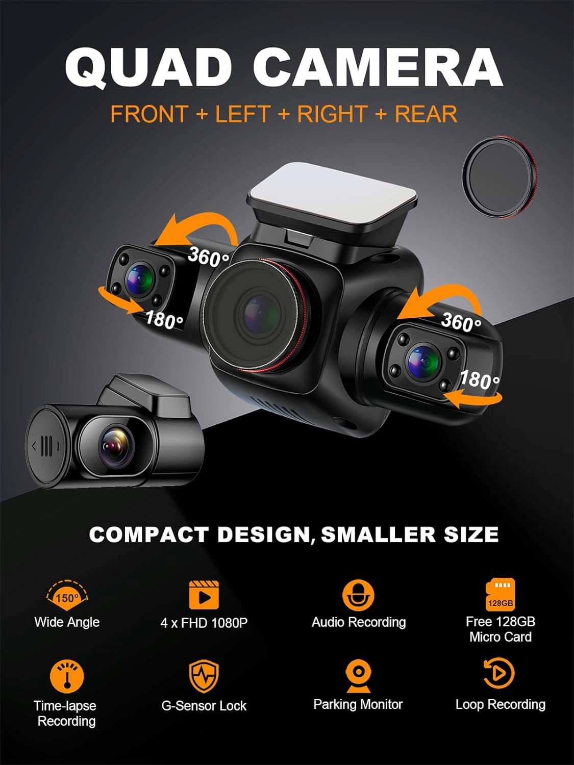 PRUVEEO 360 Degree View 4 Channel Dash Cam Front and Rear Inside Left Right, Dash Camera for Cars with CPL, Built-in GPS WiFi Night Vision, 24/7 Recording Parking Mode Monitor, Free 128G Card
