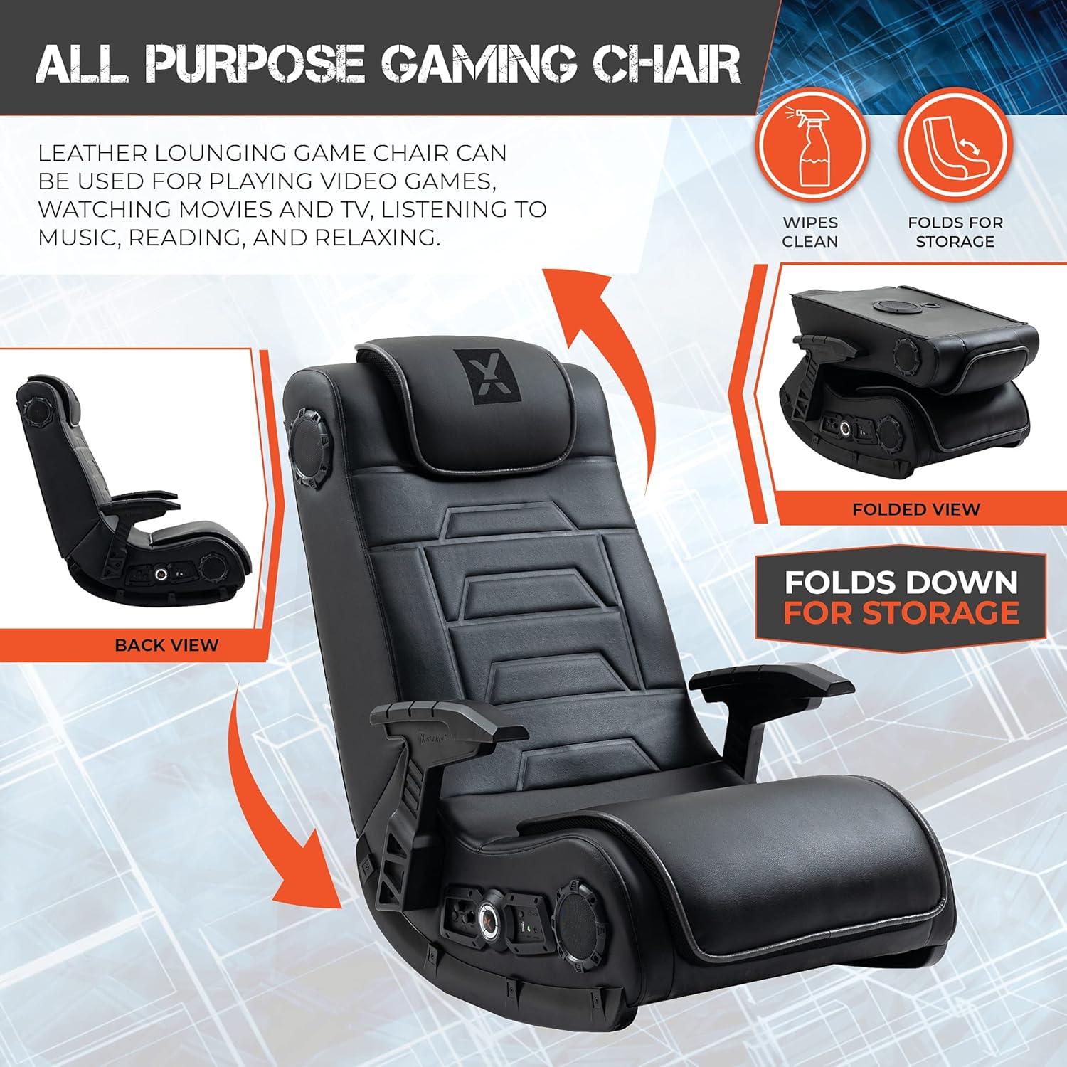 X Rocker Pro Series H3 Black Leather Vibrating Floor Video Gaming Chair with Headrest for Adult, Teen, and Kid Gamers - 4.1 High Tech Audio and Wireless Capacity - Foldable and Ergonomic Back Support