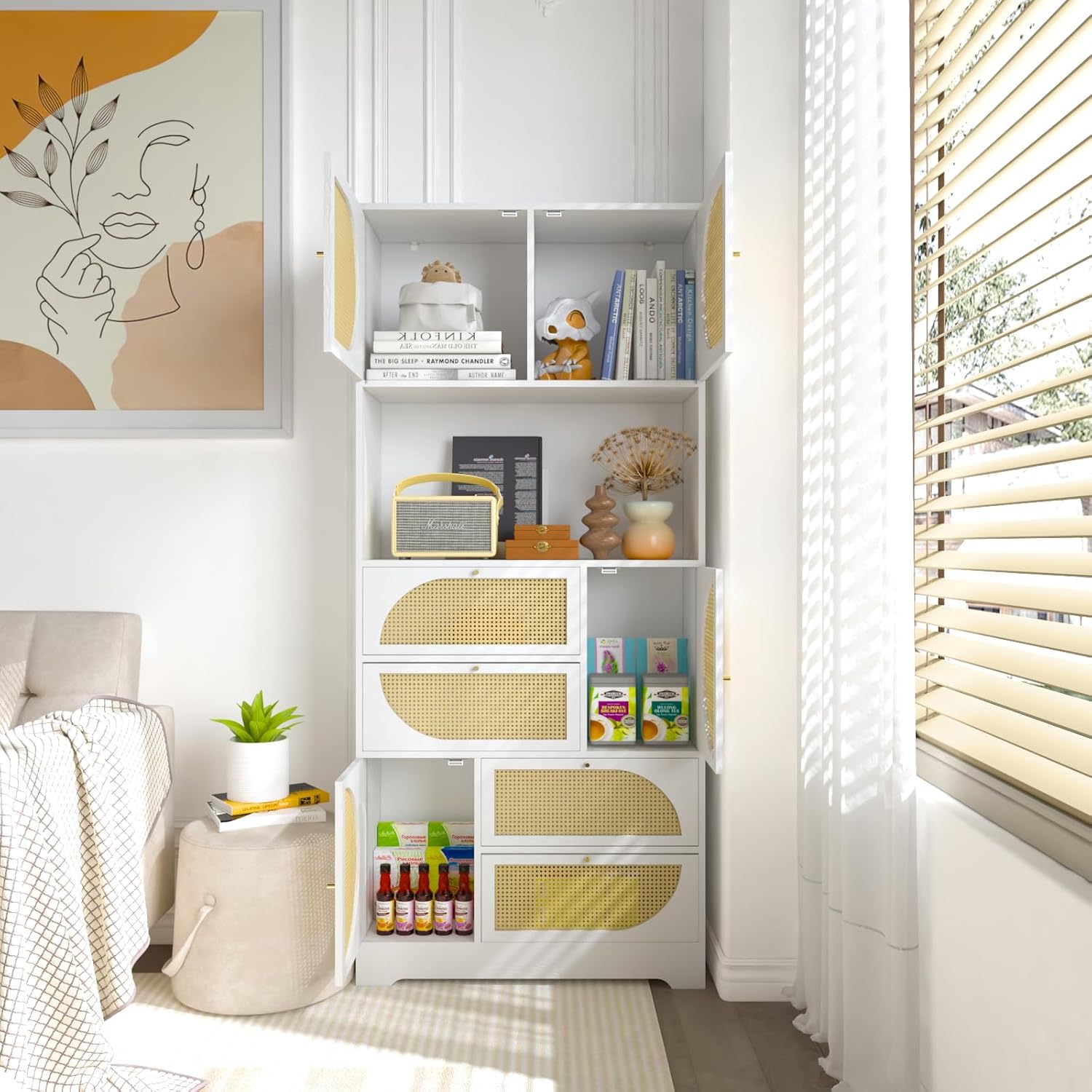 71" Tall Kitchen Pantry Cabinet, Kitchen Storage Cabinet Hutch Cabinet with Charging Ports and Microwave Stand, Rattan Kitchen Hutch with 4 Cabinets, 4 Drawers, for Dining Room Kitchen, White