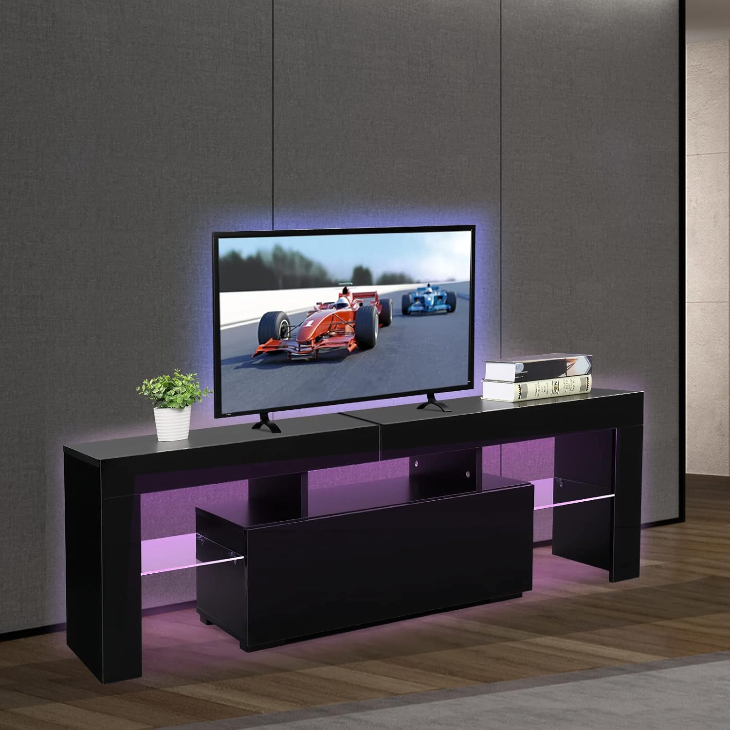 Bonnlo LED TV Stand for TVs Up to 55 Inch, Modern Entertainment Center with LED Lights and Storage for Living Room (Black, 51'' x 14'' x 18'')