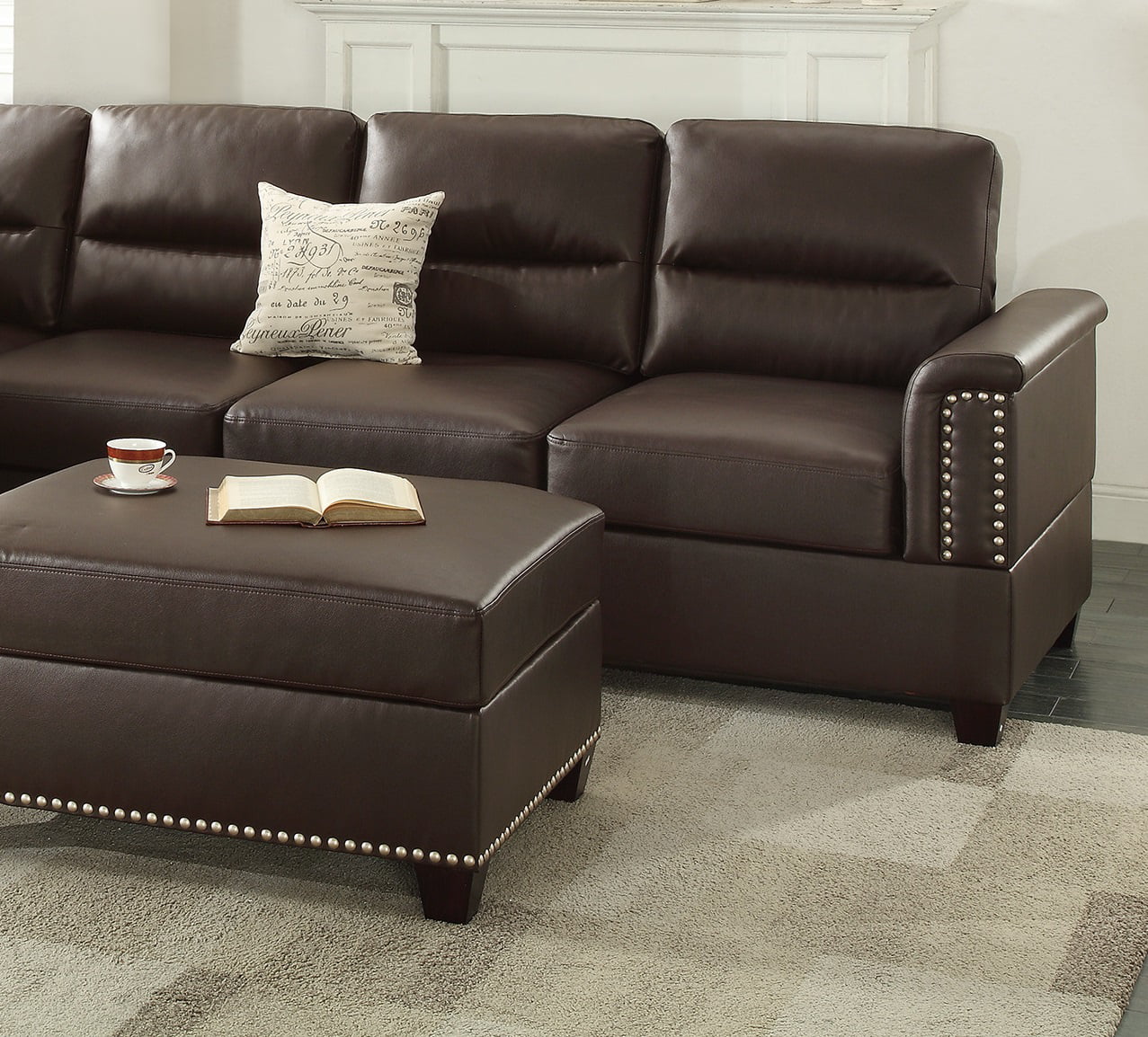 Living Room Furniture Modern Contemporary Espresso Faux Leather Sectional Sofa 3pcs Sectional Sofa Set Couch Cushion Pillows