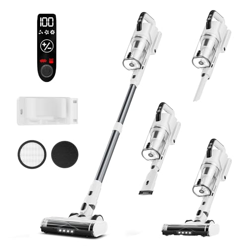Cordless Vacuum Cleaner, 580W 48KPA 65Mins Runtime Fast Charging Vacuum Cleaner, Self-Standing LED Light Touch Screen Stick Vacuum for Home Light Weight,for Pet Hair/Carpet/Floor, White