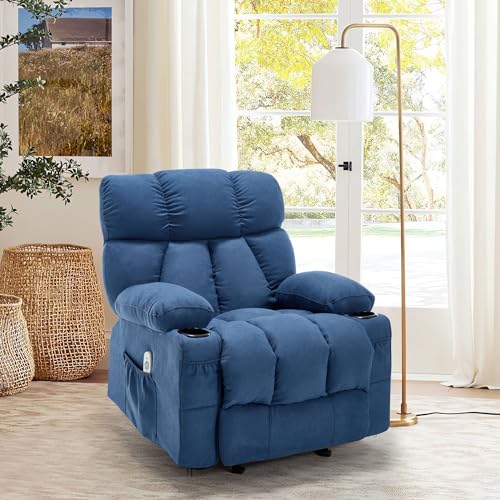 Massage Rocker Recliner Chair with Heat and Vibration Ergonomic Rocking Lounge Chair for Living Room Comfy Overstuffed Recliner with 4 Side Pockets,2 Cup Holders, USB Charge Port, Grey