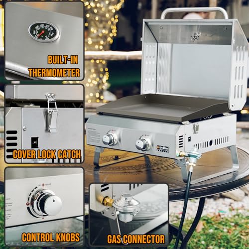 Onlyfire Flat Top Gas Griddle, 2-Burner Tabletop Propane Gas Grill Griddle, Portable Griddle for Outdoor Cooking Kitchen, Tabletop Griddle for BBQ Grill Camping Tailgating RV, Stainless Steel