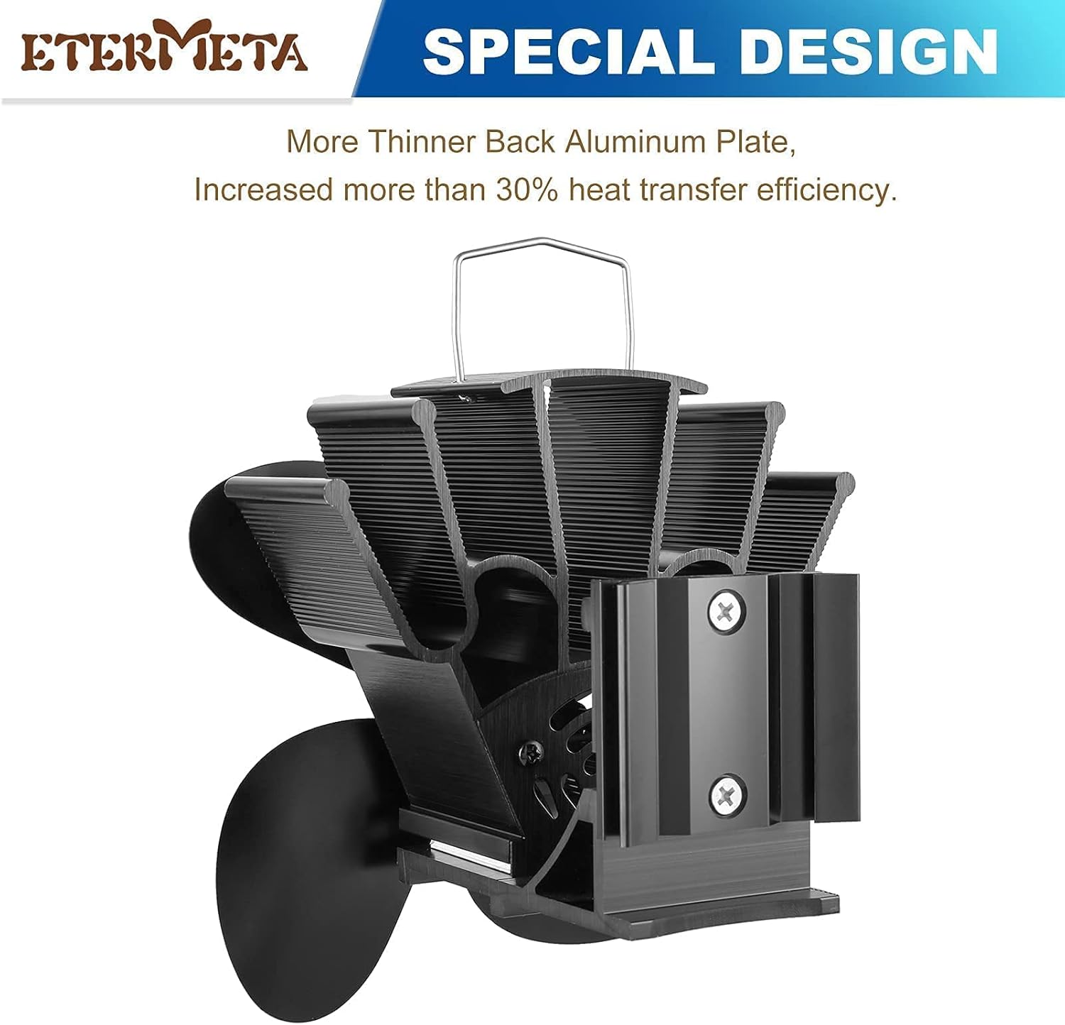 Etermeta Stove Fan, 4 Blade Pipe Hanging Fan, Heat Activated Fan for Wood Stove, with Stove Thermometer for Wood/Log Burner/Fireplace, Eco Friendly Efficiently Fireplace Fan Pack of 2