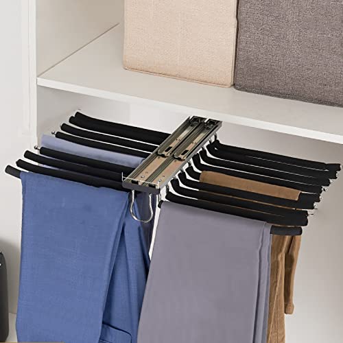 lhx Pull-Out Pant Rack Telescopic Wardrobe Hanging Pants Top Mount Double Row 18 Arm Steel Pull-Out Pant Rack Style Clothes Organizer Saves Space and Storage (Color : Black)