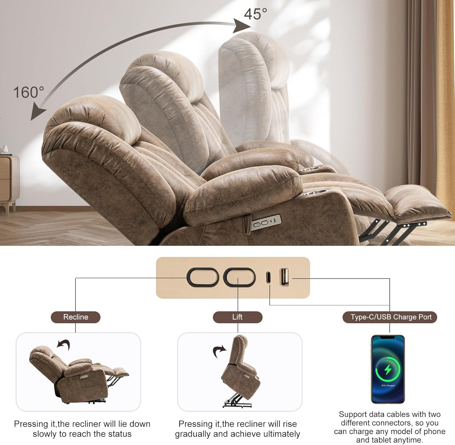 Extra Large Power Lift Chairs Recliners for Elderly with Heated and Massage, Overstuffed Lift Chairs, Breathable Leather, USB-A and USB-C, Cup Holder, Side Pocket, 1PC, Light Brown