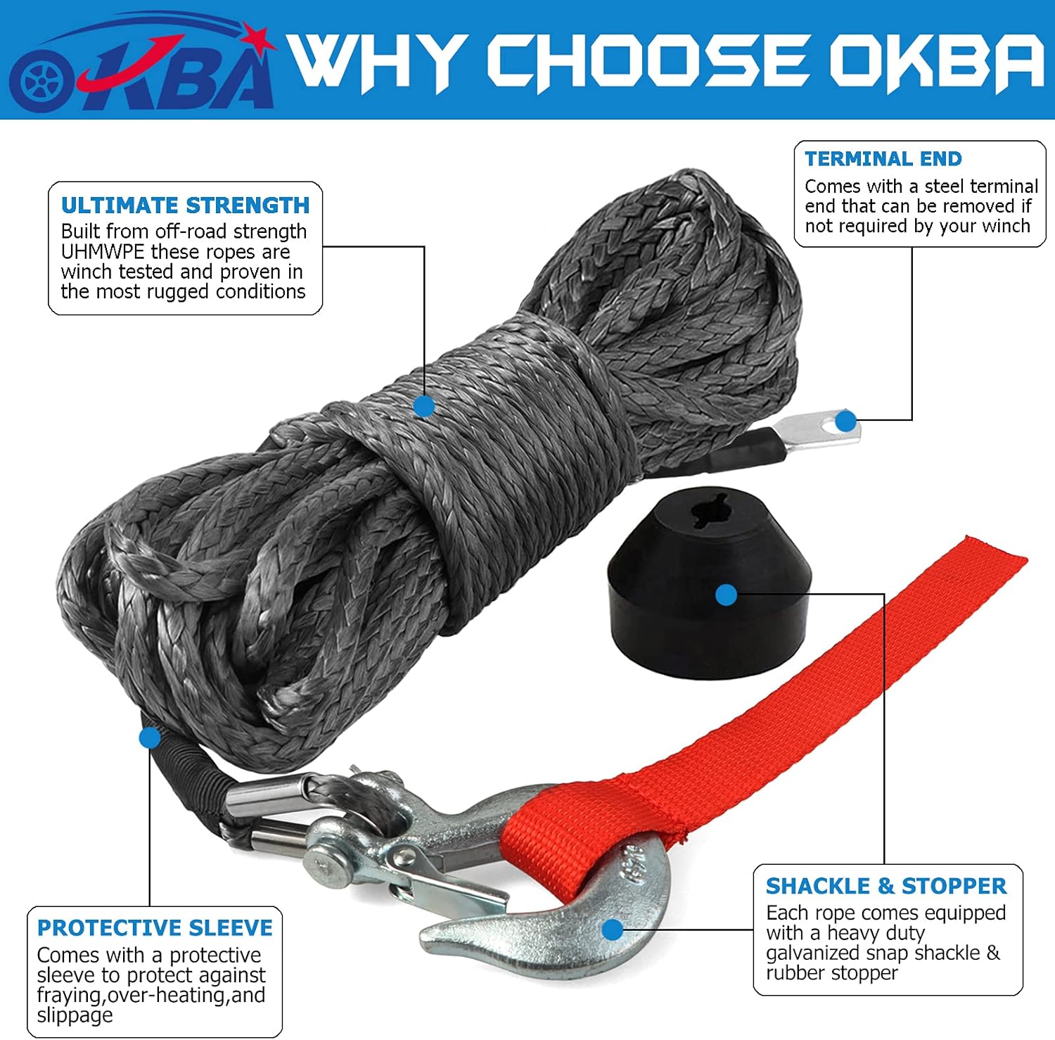 OKBA Synthetic Winch Rope Kit 1/4" x 50' - 8200 Ibs Winch Cable Line Rope Accessories Kit w Rope Snap Hook and Rubber Stopper for 4x4 Off Road Vehicle ATV UTV Polaris UTV