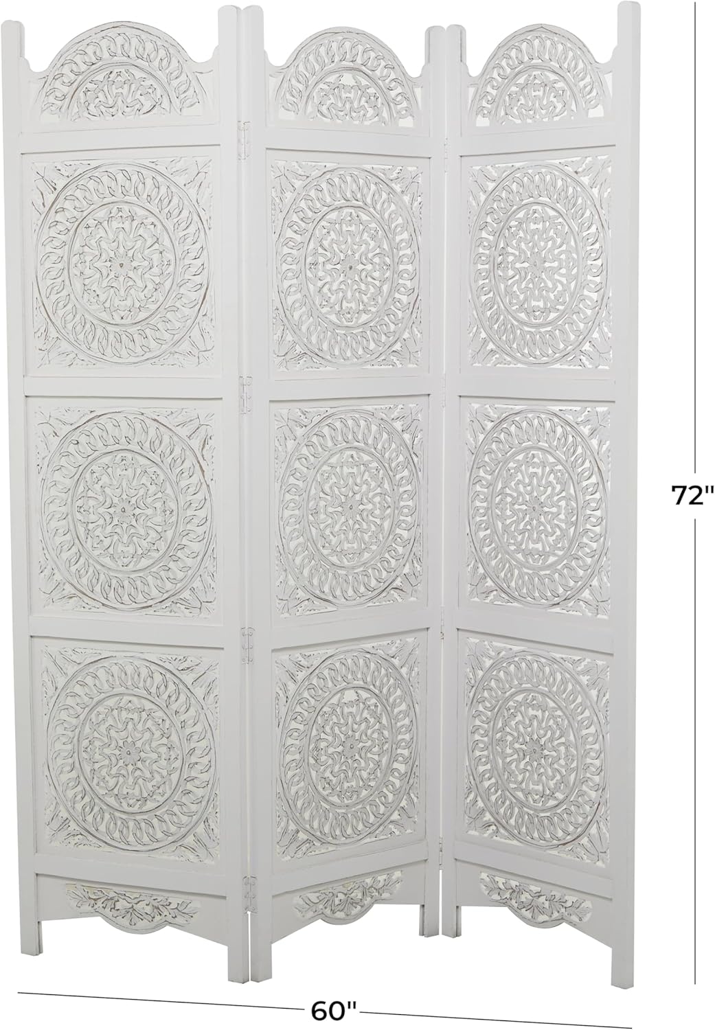 Deco 79 Wood Floral Handmade Partition Room Divider Screen Hinged Foldable Partition 3 Panel Privacy Screen with Intricately Carved Designs, Room Partition 60" x 1" x 72", White