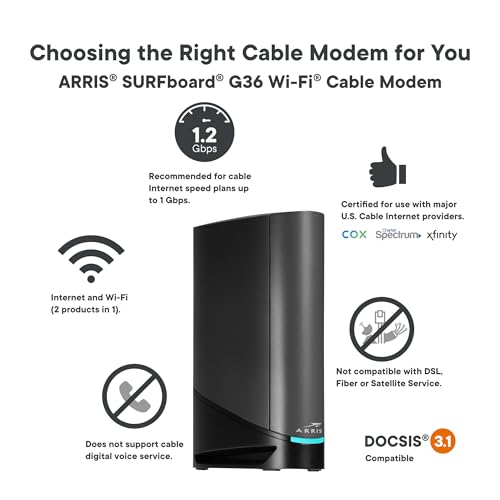 ARRIS (G34) - Cable Modem Router Combo - Fast DOCSIS 3.1 Gigabit WiFi 6 (AX3000), Approved for Comcast Xfinity, Cox, Spectrum & More, 1 Gbps Max Internet Speeds