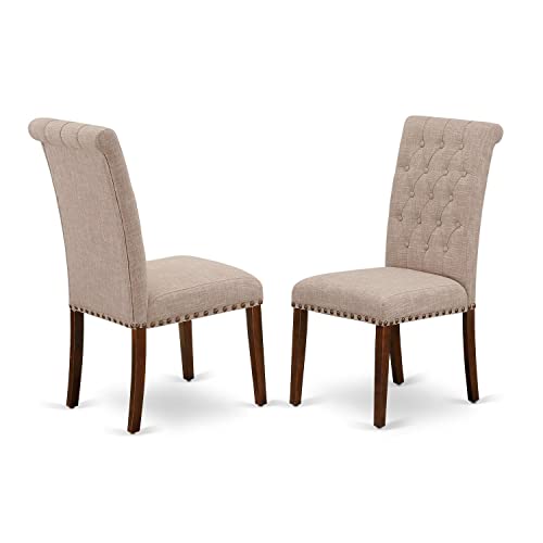 East West Furniture BRP2T02 Parsons Dining Button Tufted Nailhead Trim Light Beige Fabric Upholstered Chairs, Set of 2, Linen White