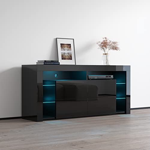 Minelli TV Stand for TVs up to 70", Modern High Gloss 61" Entertainment Center, TV Media Console with Storage Cabinets and LED Lights