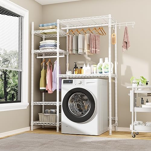 Ulif U7 Over The Washer and Dryer Storage, Laundry Room Heavy-Duty Space Saver with 6 Shelves and 2 Hanger Rods, Laundry Clothes Drying Rack and Toiletries Organizer, 47.2”W x 13.4”D x 77.4”H