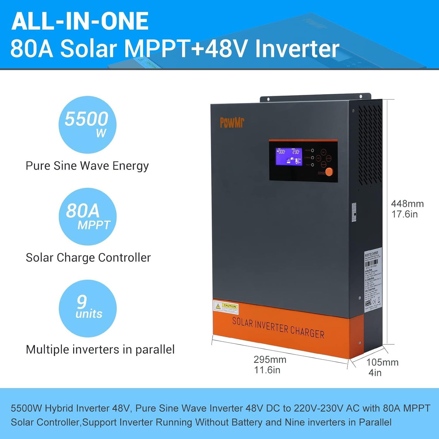 PowMr 5500W Hybrid Inverter 48V Pure Sine Wave Inverter Low Frequency Inverter DC 48V AC to 220V-230V AC Hybrid Solar Inverter Work Without Battery and Nine inverters in Parallel Solar Inverter
