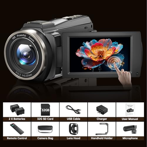 8K Video Camera Camcorder 88MP UHD WiFi Vlogging Cameras for YouTube 18X Digital Zoom IR Night Vision 3.0''Touch Screen Camera with 32GB Card, Microphone, Stabilizer, Lens Hood, Remote, Batteries