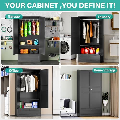 Metal Wardrobe Cabinet,Armoire Wardrobe Closet with doors,White Metal Clothing Storage Cabinet with Adjustable Shelves and Hanging Rod,72" Wardrobe Storage Cabinet for Home,Bedroom Armoires,Laundry