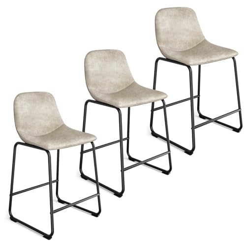 Rfiver Counter Height Bar Stools Set of 2, Counter Stool with Back, Modern Faux Leather Barstools with Metal Legs and Footrest, Dining Chairs for Home Kitchen Island, Support 500 lbs, Grey