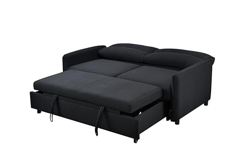 3 in 1 Convertible Sleeper Sofa Bed, Modern Fabric Loveseat Futon Sofa Couch Pullout Bed, Small Love Seat Lounge Sofa w/Reclining Backrest, Furniture for Living Room, Grey (Black)