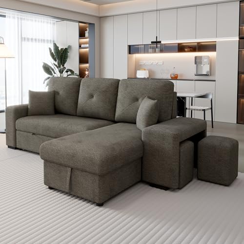 P PURLOVE Sectional Sofa with Pull-Out Sleeper Sofa Bed, Reversible Sectional Sofa with Storage Chaise and 2 Stools, L Shaped Couch Set for Living Room Apartment, Knox Charcoal