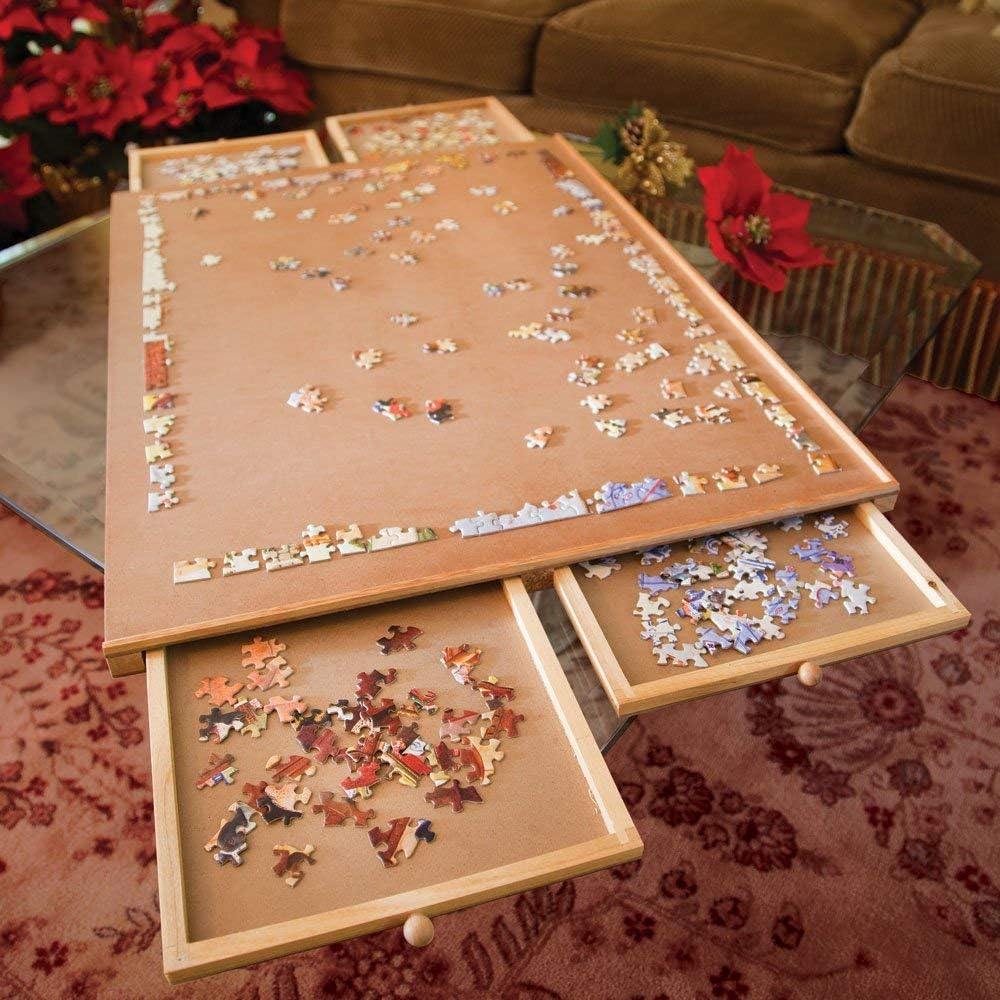 Bits and Pieces - The Original Jumbo 1500 pc Wooden Puzzle Plateau-Smooth Fiberboard Work Surface - Four Sliding Drawers Complete This Puzzle Storage System Pack of 2