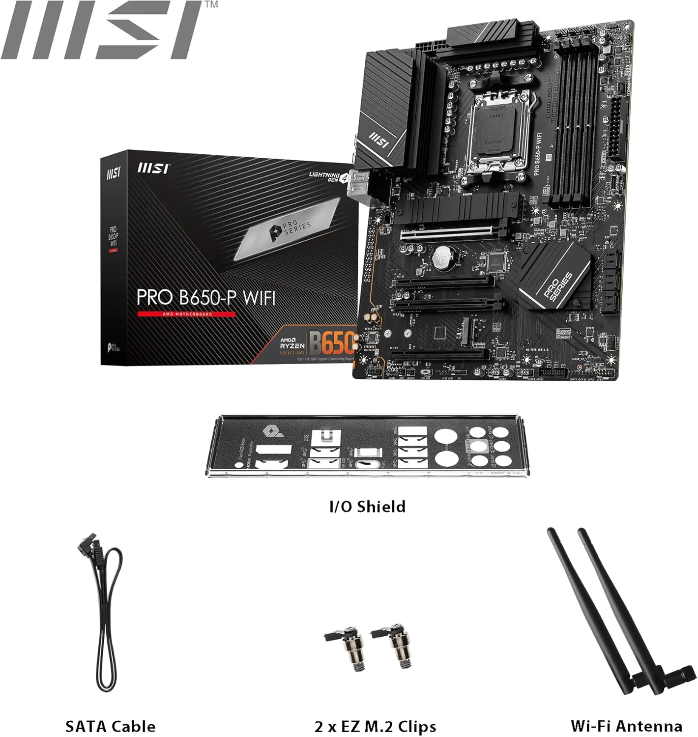 MSI PRO B650-P WIFI AMD AM5 ATX Motherboard, 4x DDR5 ~128GB, 1x PCI-E x16, 2x M.2, 6x SATA, 8x USB 3.2, 1x USB Type C