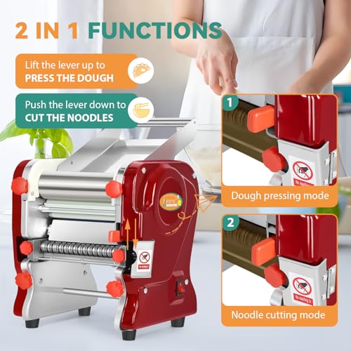 Newhai Commercial Electric Pasta Maker, Automatic Noodle Machine, 2-in-1 Heavy Duty Dough Roller Pressing Machine, with 2mm/6mm Blade, 750W Stainless Steel, for Restaurant Home Use