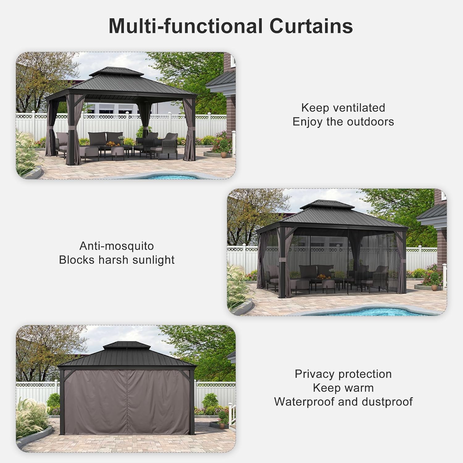 PURPLE LEAF 12' X 14' Hardtop Gazebo Aluminum Permanent Outdoor Gazebo with Galvanized Steel Double Roof for Patio Backyard Curtains and Netting Included Grey
