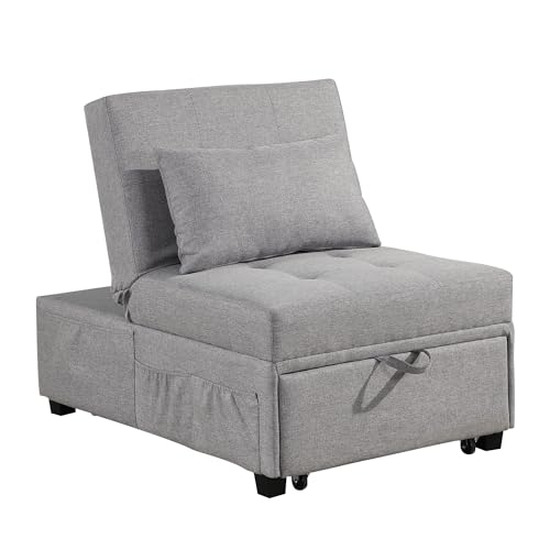 Sofa Bed Chair, 4 in 1 Convertible Sleeper Chair Bed Ottoman, Linen Fabric Pull Out Sofa Bed with Adjustable Backrest & Pillow, Single Recliner Chair for Small Space, Living Room