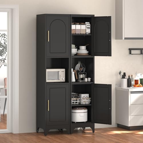 Kitchen Pantry Cabinet with Acrylic Glass Doors, 75" Metal Kitchen Hutch with Countertop, Adjustable Shelves, Freestanding Food Pantry Cabinet for Living, Dining Room, Black, Assembly Required