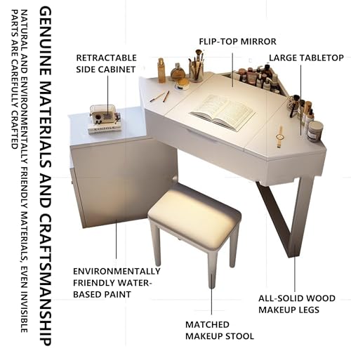 Vanity Desk with Storage Cabinet, Solid Wood Corner Makeup Vanity with Flip-Top Mirror, Expandable Cupboard, Stool, dresser with mirror, makeup table for Small Bedroom (White)
